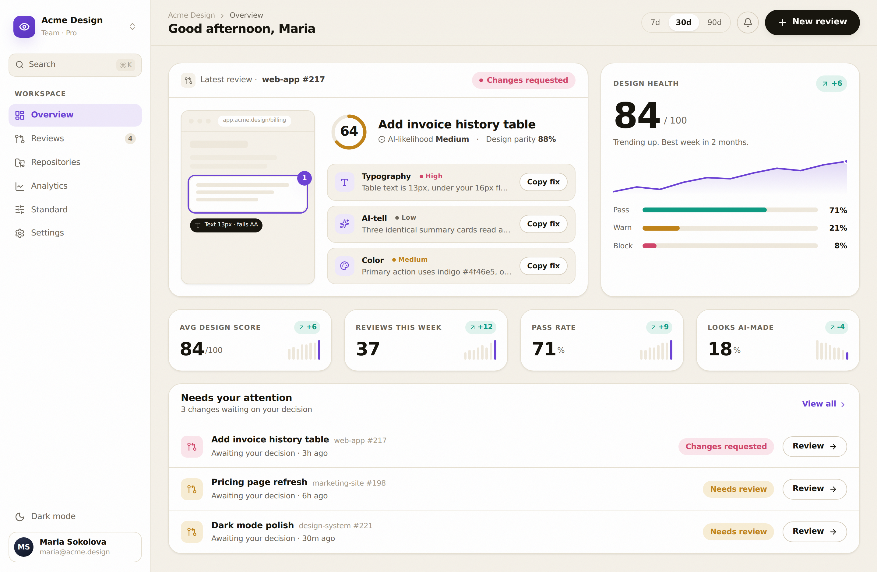 Crit dashboard reviewing a pull request